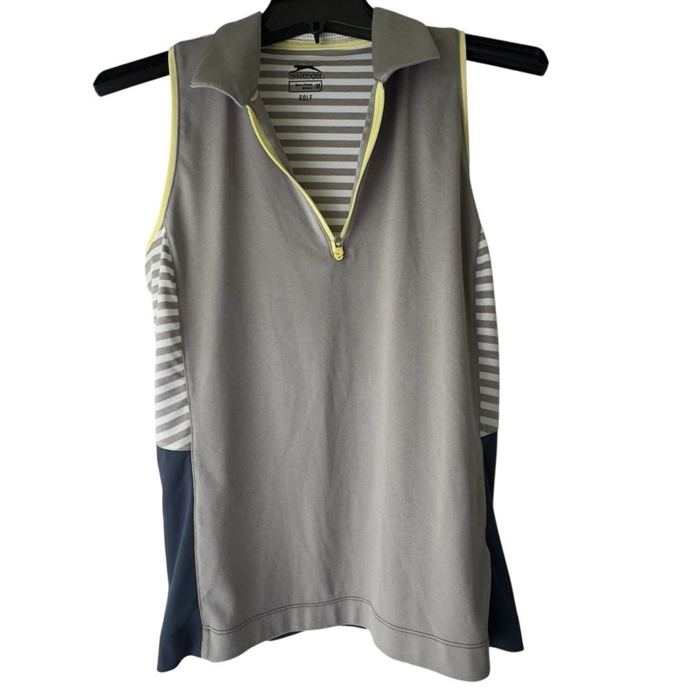 Slazenger Pol Golf Gray/Blue striped Women’s Sleeveless zip  Sz M‎ EUC